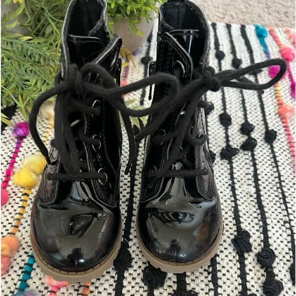 Old Navy Shiny Black Combat‎ Boots Side Zip Toddler Sz 7